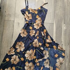 Floral High Low Dress in Navy and Tan